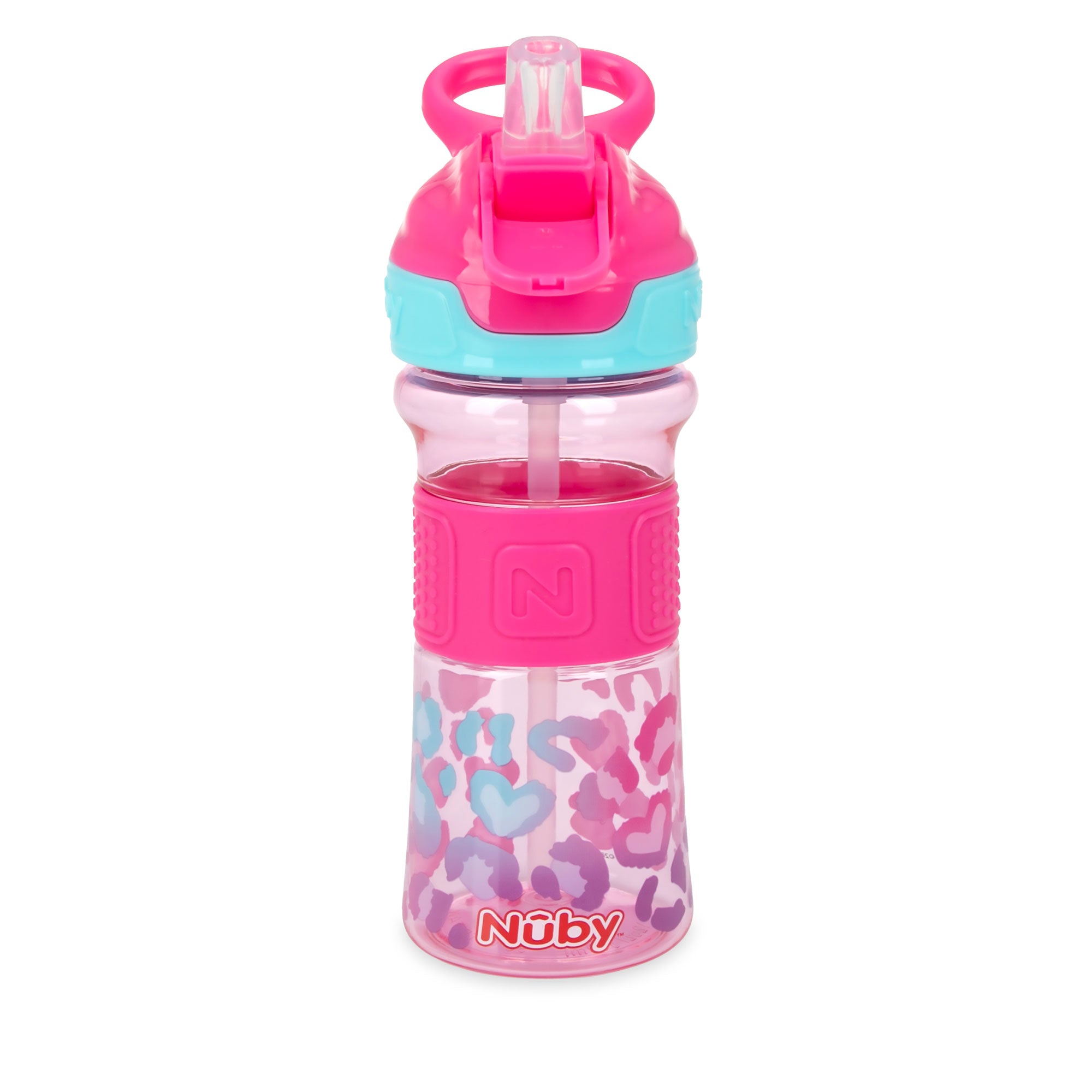 Nuby Thirsty Kids Push Button Flip-it Soft Spout on The Go Water Bottle  with Easy Grip Band, Pink Rainbows, 12 Ounce