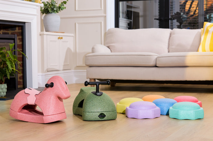 Nuby's foam toy collection, including the Rock 'N Ride, Boogie Buggy, and StepPebble stepping stones.