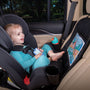 Toddler in rear facing car seat with Nuby x Safe in the Seat protective seat cover.