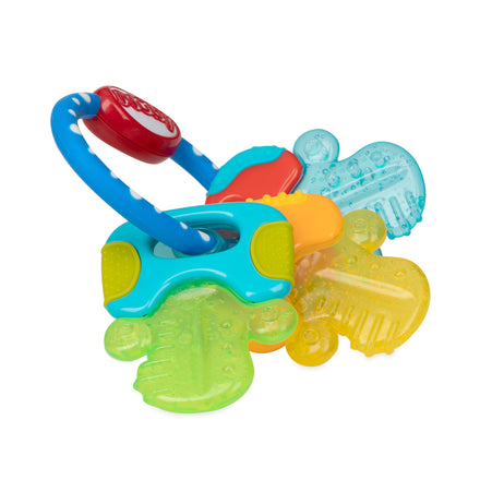 The Nuby IcyBite Teether Keys | Classic features yellow, green, orange, and blue textured keys on a blue and red ring for soothing teething relief.