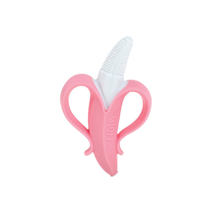 The Nuby NanaNubs Banana Massaging Toothbrush is a pink and white silicone baby teether shaped like a peeled banana, with textured bristles for gentle cleaning and dual side handles for easy gripping.