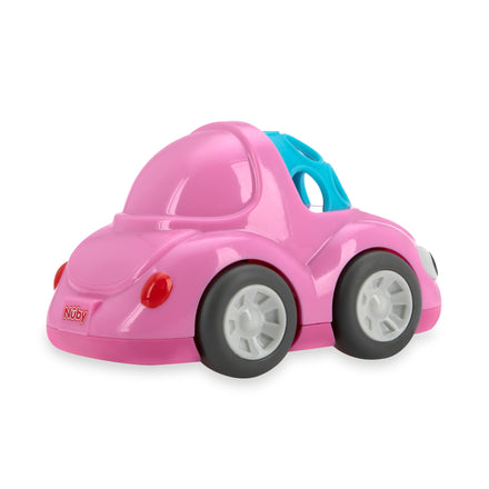 The Nuby Silly Shaker Rattle Toy - Bug Car is a small, pink plastic toy car with white wheels, blue windows, and red taillights—ideal for interactive play and developing hand-eye coordination.