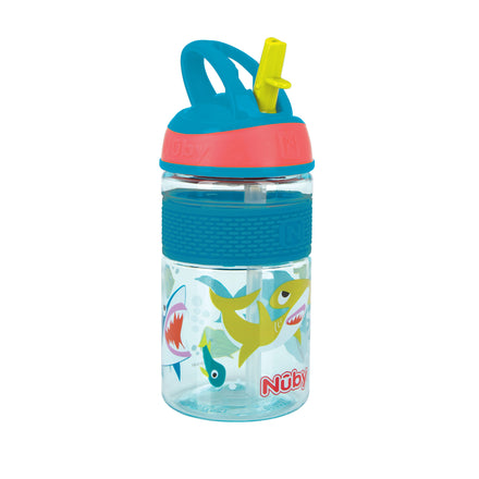 The Nuby Thirsty Kids FREE STYLE Hard Straw Water Bottle is clear with blue and red accents, a flip-up yellow straw, and cartoon shark designs printed on the side.