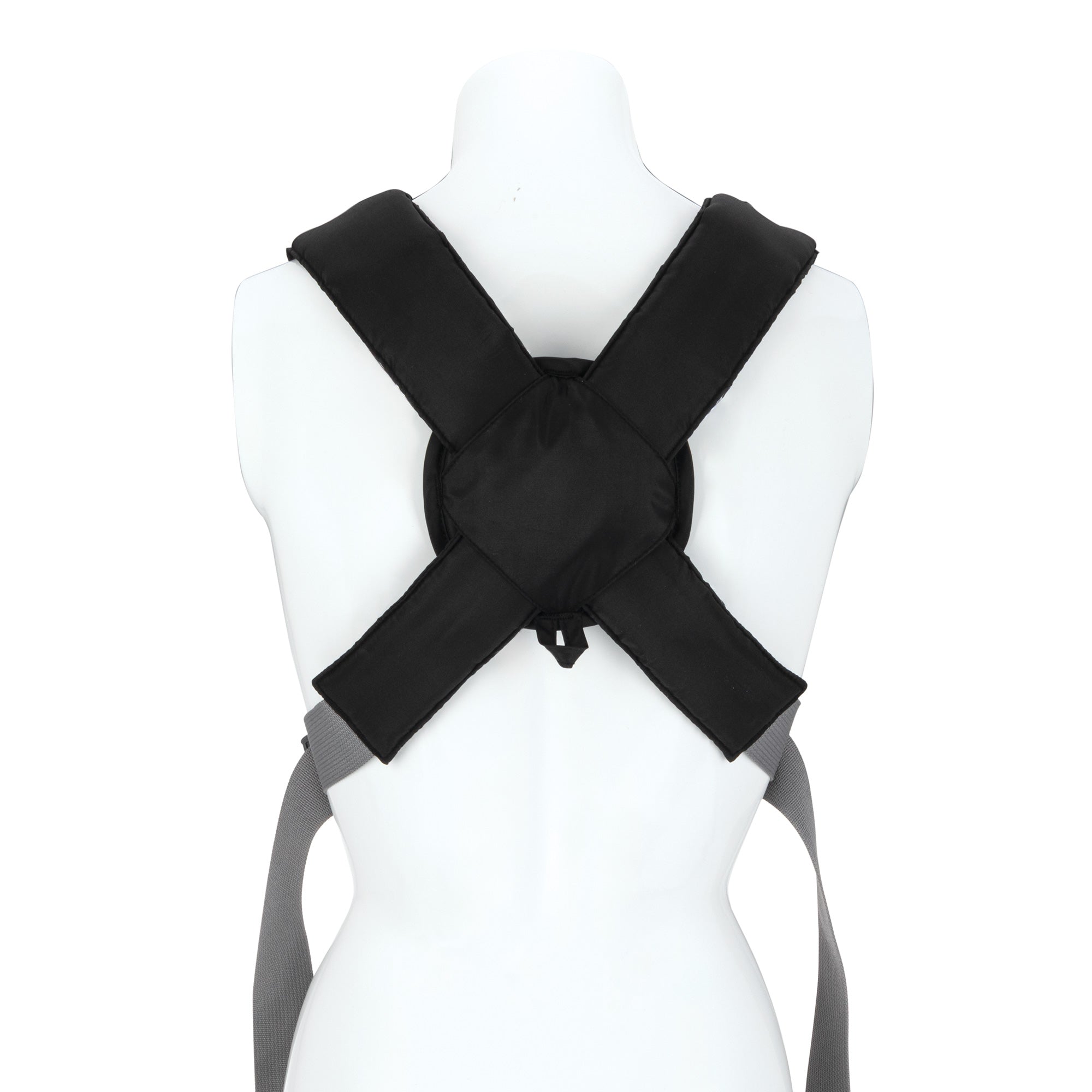 A mannequin torso displays the Nuby Classic Baby Carrier in black, featuring crossed straps, breathable mesh, and gray adjustable belts, shown from the back against a white background.