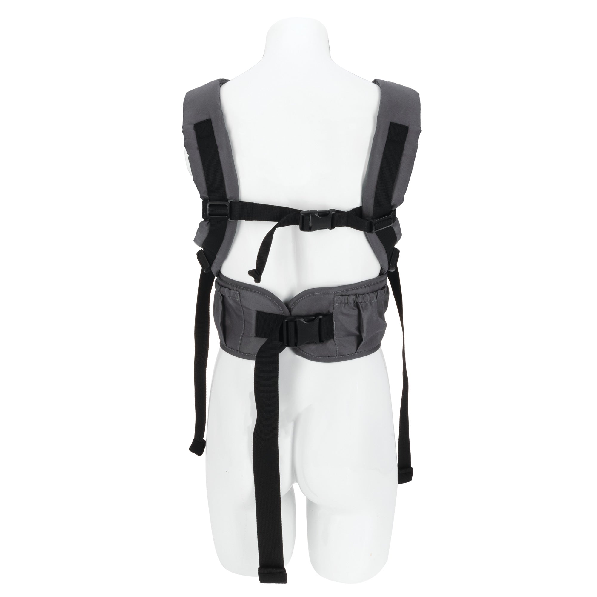 A white mannequin displays the Nuby Deluxe Baby Carrier | Grey, featuring padded, adjustable straps, a waist belt, and a chest strap; suitable for newborns to toddlers, shown from the back.