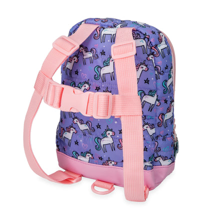 The Nuby Quilted Backpack with Safety Harness is a small purple toddler bag with light pink straps, a pink bottom panel, and a unicorn pattern featuring white unicorns, hearts, and stars. It includes a chest buckle and child safety harness.