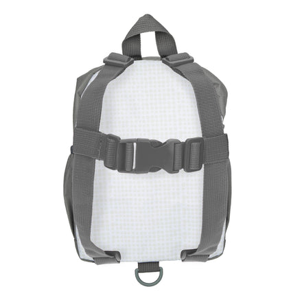 The Nuby Mini Canvas Backpack with Safety Harness is a small gray and white toddler backpack with adjustable gray straps, a black plastic front buckle, and a top loop handle, shown on a white background.