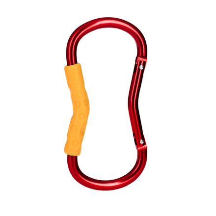 The Nuby Aluminum Handy Hook is a red metal carabiner with a curved design and an orange textured grip, ideal as a stroller accessory or stroller hook, shown isolated on a white background.