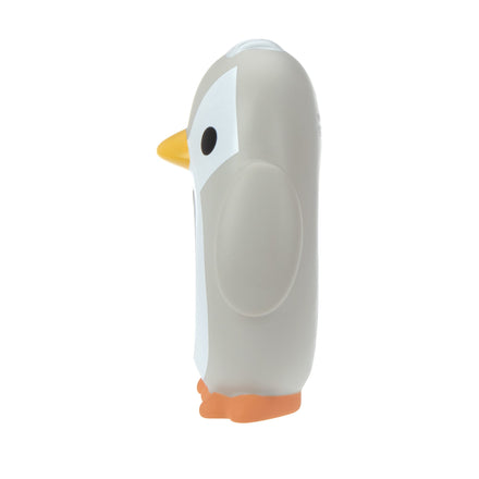 The Nuby Penguin Bath & Room Thermometer features a cute penguin with a gray body, white face, orange beak and feet, and is perfect for monitoring water temperature for babies.