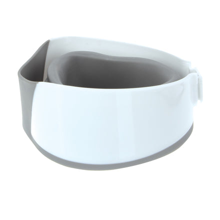 The Nuby Collapsible Shampoo Rinse Cup, a white and gray plastic container with a curved design, is featured on a white background—ideal for tear-free bath time.