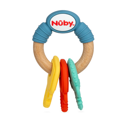 The Nuby Wood and Silicone Natural Teether Keys feature a wooden ring with a blue top, the Nuby logo, and three colorful silicone keys in yellow, orange, and turquoise—ideal as gentle teethers for babies.