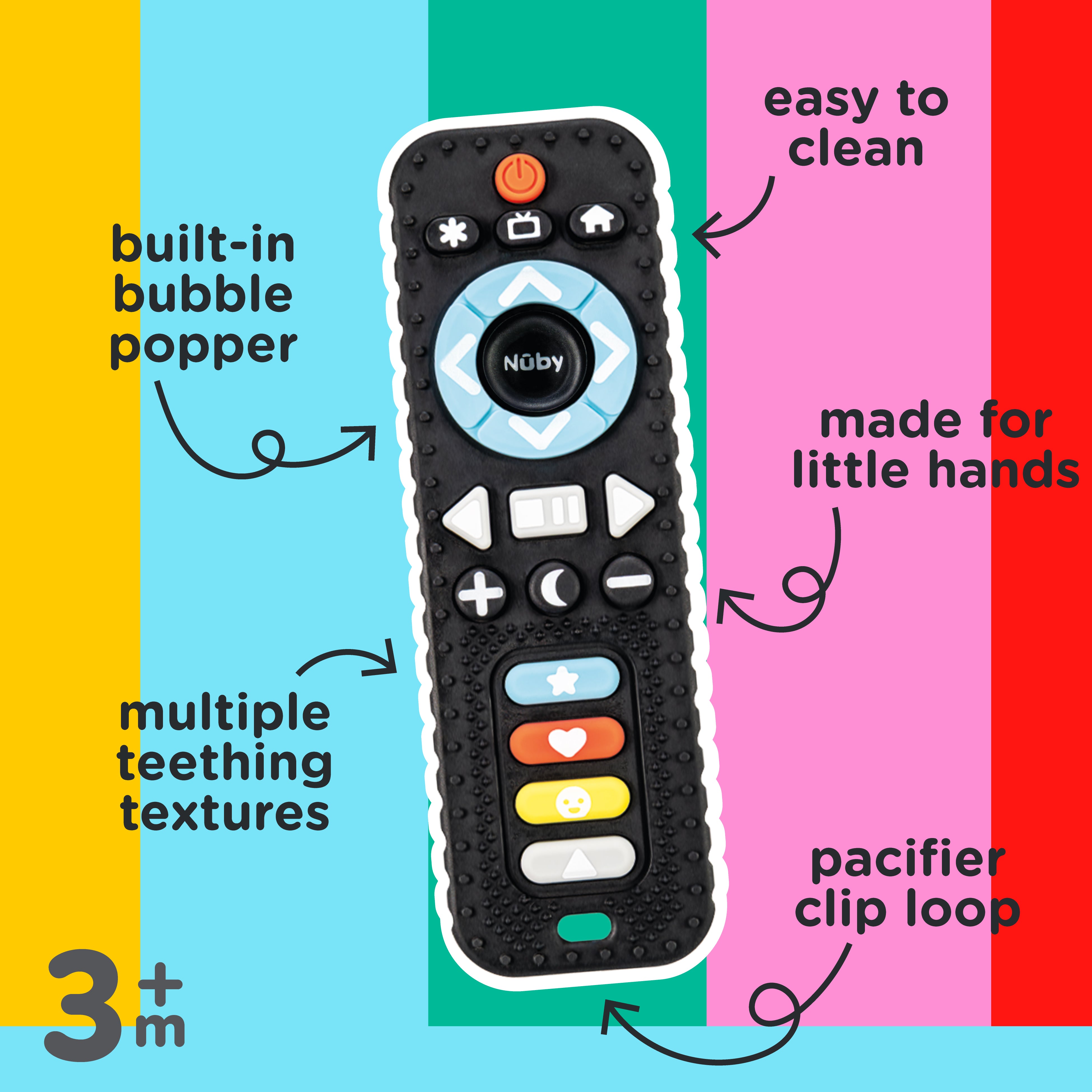 Colorful image of the Silicone Remote Control Teether Toy for babies, featuring bubble popper buttons, teething textures, pacifier clip loop, and an easy-to-clean design made for little hands. This remote control teether serves as both a fun baby teething toy and is recommended for ages 3 months and up.