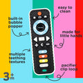 Colorful image of the Silicone Remote Control Teether Toy for babies, featuring bubble popper buttons, teething textures, pacifier clip loop, and an easy-to-clean design made for little hands. This remote control teether serves as both a fun baby teething toy and is recommended for ages 3 months and up.