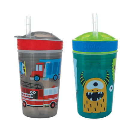 Two vibrant Snack ’N Sip cups (2 Pack) | Transportation & Monsters: one with a fire truck design and red lid, the other featuring a cartoon monster illustration with a green lid—both equipped with soft silicone straws.