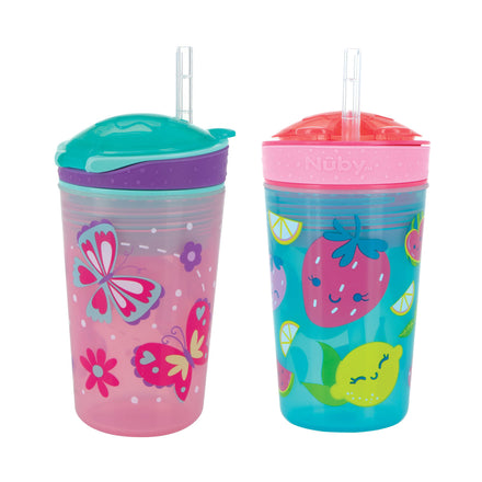 Brighten up snack time with the Snack ’N Sip Cup (2 Pack) | Fruits & Butterflies! This set includes two colorful toddler cups with soft silicone straws: one pink cup featuring cheerful butterflies, and one blue cup decorated with playful fruit and a smiling strawberry. Each 2-in-1 cup comes with a vibrant lid—one teal, one pink—making them perfect for fun, easy sipping and snacking for little ones.
