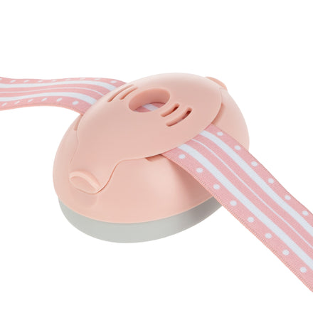The Soft Sounds Baby Earmuffs | Pink feature a cute pink and white handheld design with an animal-shaped top and a pink ribbon, ideal for protecting your baby’s ears while offering adjustable comfort.
