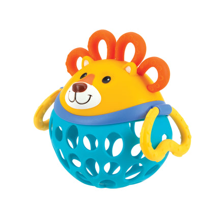 The Nuby Silly Shaker Rattle Toy - Lion features a bright design with an orange mane, yellow face, and blue easy-grip bottom. This fun rattle entertains and engages babies while encouraging interactive play.