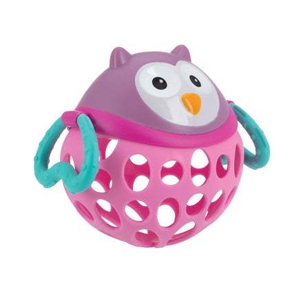 The Nuby Silly Shaker Rattle Toy - Owl is a vibrant purple and pink rattle with teal handles and a pink perforated ball, designed for easy gripping to keep babies engaged and entertained.
