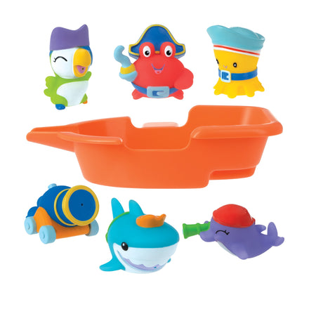 The Nuby Pirate Pals Bath Toy Set includes a red crab in a pirate hat, yellow octopus, purple whale, teal shark, green and white bird, blue cannon, and orange boat to encourage learning through bath time play.