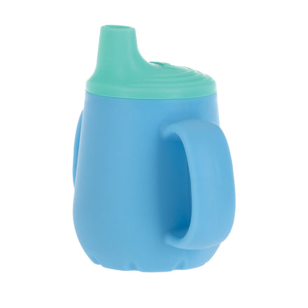 The Nuby US 2-Handle First Training Cup in blue features an easy-grip design, two handles, and a green free-flow spout lid—perfect for young children.