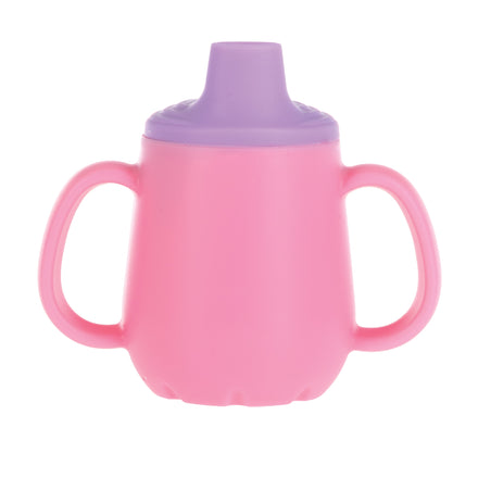 The Nuby US 3-Stage Training Cup Set with Handles in pink features a purple spout lid and no-spill straw, making it ideal for young children transitioning from bottles.