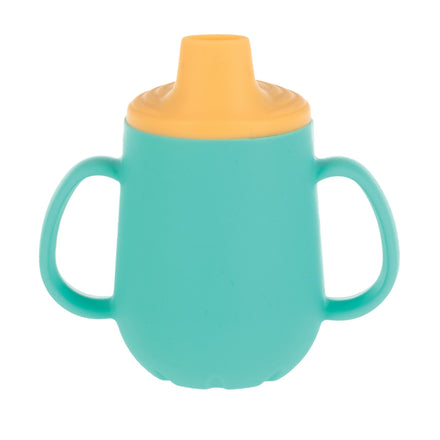 The Nuby US 3-Stage Training Cup Set with Handles in aqua, featuring a yellow spout lid, is shown on a white background.