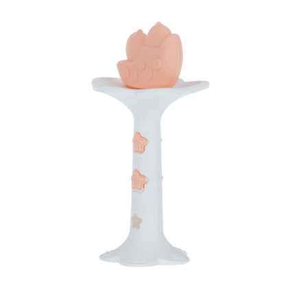 The Nuby Wand and Tuba Teether Set in Coral & Aqua features a peach crown-shaped silicone teether with a white handle, offering soothing relief for your baby during teething.