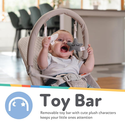 A smiling baby sits in the Baby Bouncer Seat | Grey, reaching for a removable toy bar with plush star and cloud toys. Text below reads: Removable toy bar with cute plush characters keeps your little one entertained.