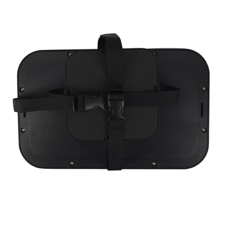 The Adjustable Backseat Baby View Mirror is a rectangular black plastic backseat mirror with shatter-resistant glass, featuring adjustable straps and a buckle secured across the middle, shown from above on a white background.