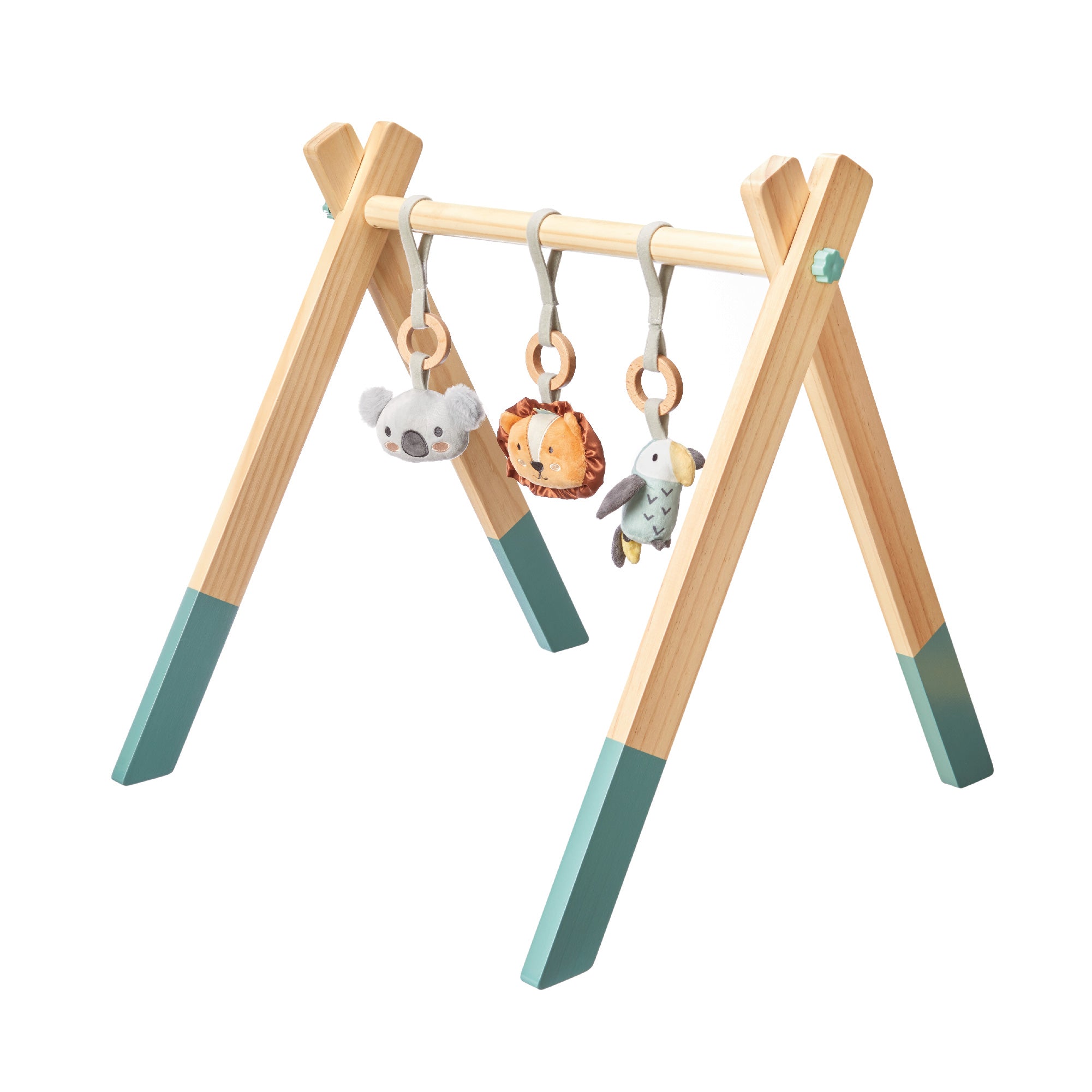 The Animal Adventures Bundle is a wooden baby gym with teal ends and three plush animal toys: koala, lion, and bird. Its A-frame design makes it a charming baby shower gift, shown against a white background.