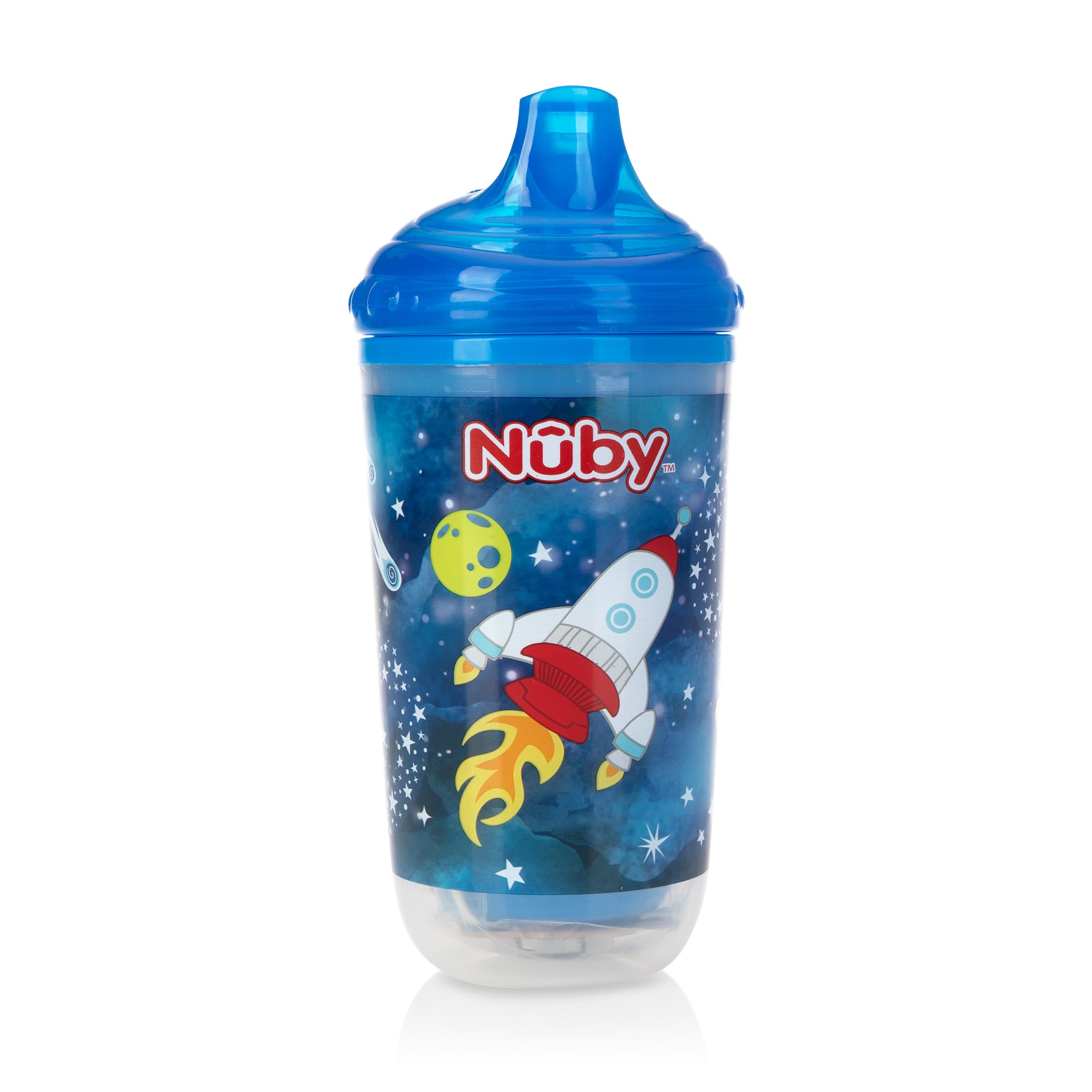 The Nuby Insulated Light-Up Easy Sip Cup features a space-themed blue design with rockets and planets, a No Spill bite-resistant spout, and insulation to keep drinks cool for your little astronaut.