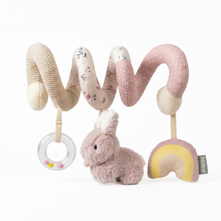 The Animal Adventures Spiral Activity Toy | Bunny is a soft, beige and pink spiral featuring a plush bunny, a yellow and pink rainbow, and a clear ring with beads—perfect for engaging sensory play and developmental fun.
