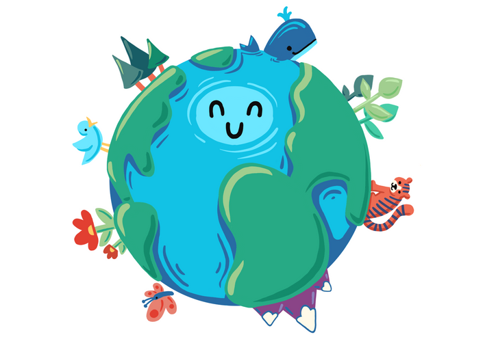 Cartoon image of a smiling Earth with flowers, mountains, a butterfly, whale, tiger, and bird.