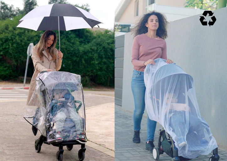 Two images showing Nuby’s Eco Stroller Weather Shield & Bug Netting Set. The recycling symbol is in the upper-right corner of the image.