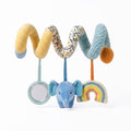 The Animal Adventures Spiral Activity Toy | Elephant features soft yellow, blue, and patterned fabric with hanging plush charms—a round mirror, blue elephant, and rainbow—to engage and stimulate your baby's senses.