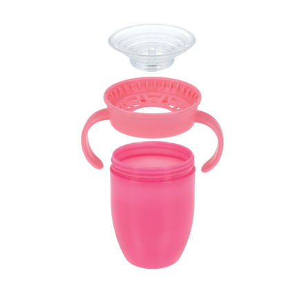 The Nuby 360 Wonder Cup with Handles (3 Pack - 5 oz) in Purple/Pink/Aqua is shown in pink, with a clear lid, spout ring with handles, and main cup body separated. This spoutless design supports easy drinking and is leak-resistant.