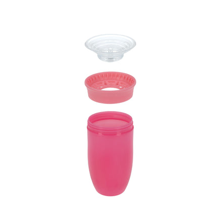 The Nuby 360 Wonder Cup (3 Pack - 10 oz) in Purple/Pink/Aqua is shown disassembled on a white background, with the clear leak-resistant lid on top, pink strainer in the middle, and main pink cup at the bottom.
