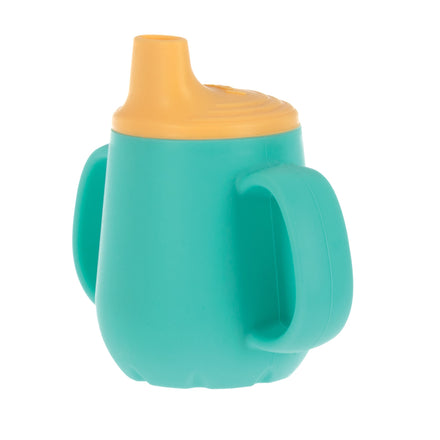 The Nuby US 2-Handle First Training Cup | Aqua is made from 100% silicone, features an Easy Grip design with two large handles, and has a yellow spout lid for easy drinking.