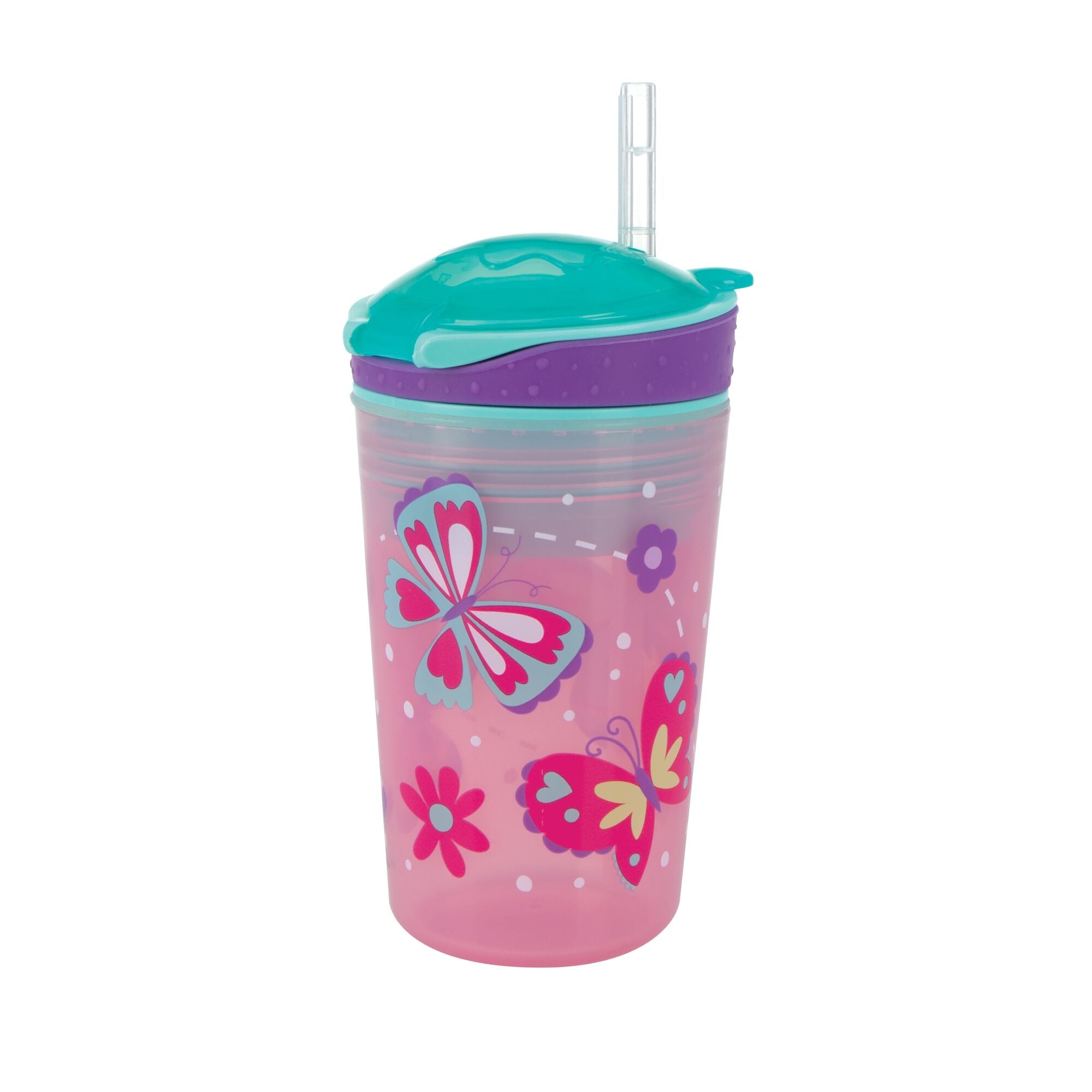 Sure! Here’s the revised sentence using the given product data: A Snack ’N Sip Cup (2 Pack) | Fruits & Butterflies featuring a pink cup with butterflies and flowers, a teal lid, and a soft silicone straw.