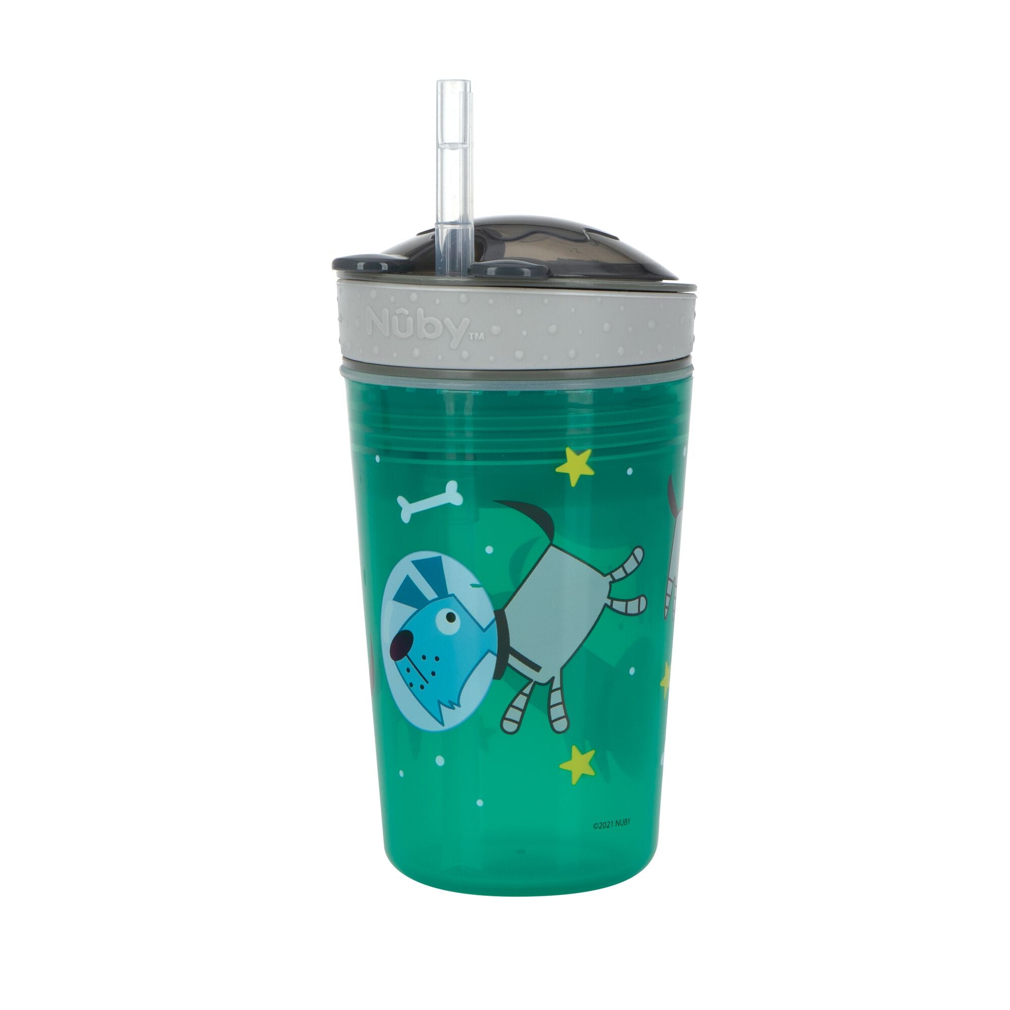 Snack ’N Sip Cup (2 Pack) | Space & Marine Life: Green children’s 2-in-1 cup featuring a gray lid, soft silicone straw, and a cartoon dog in a space suit with stars and a bone.