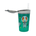 A green Snack ’N Sip Cup from the Space & Marine Life 2 Pack, featuring a grey open lid and a soft silicone straw. The cup is decorated with a cartoon dog in a spacesuit, surrounded by planets and stars.