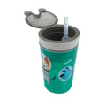 A teal Snack ’N Sip Cup from the Space & Marine Life 2 Pack, designed for kids, featuring a soft silicone straw, a gray flip-open lid, and playful space- and marine-themed cartoon illustrations on the side.