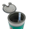 A close-up of an open Snack ’N Sip Cup (2 Pack) | Space & Marine Life, featuring a flip-top lid accented with animal ear-shaped details and a built-in soft silicone straw. This green 2-in-1 cup has a gray rim, blending playful design with practical sipping features.