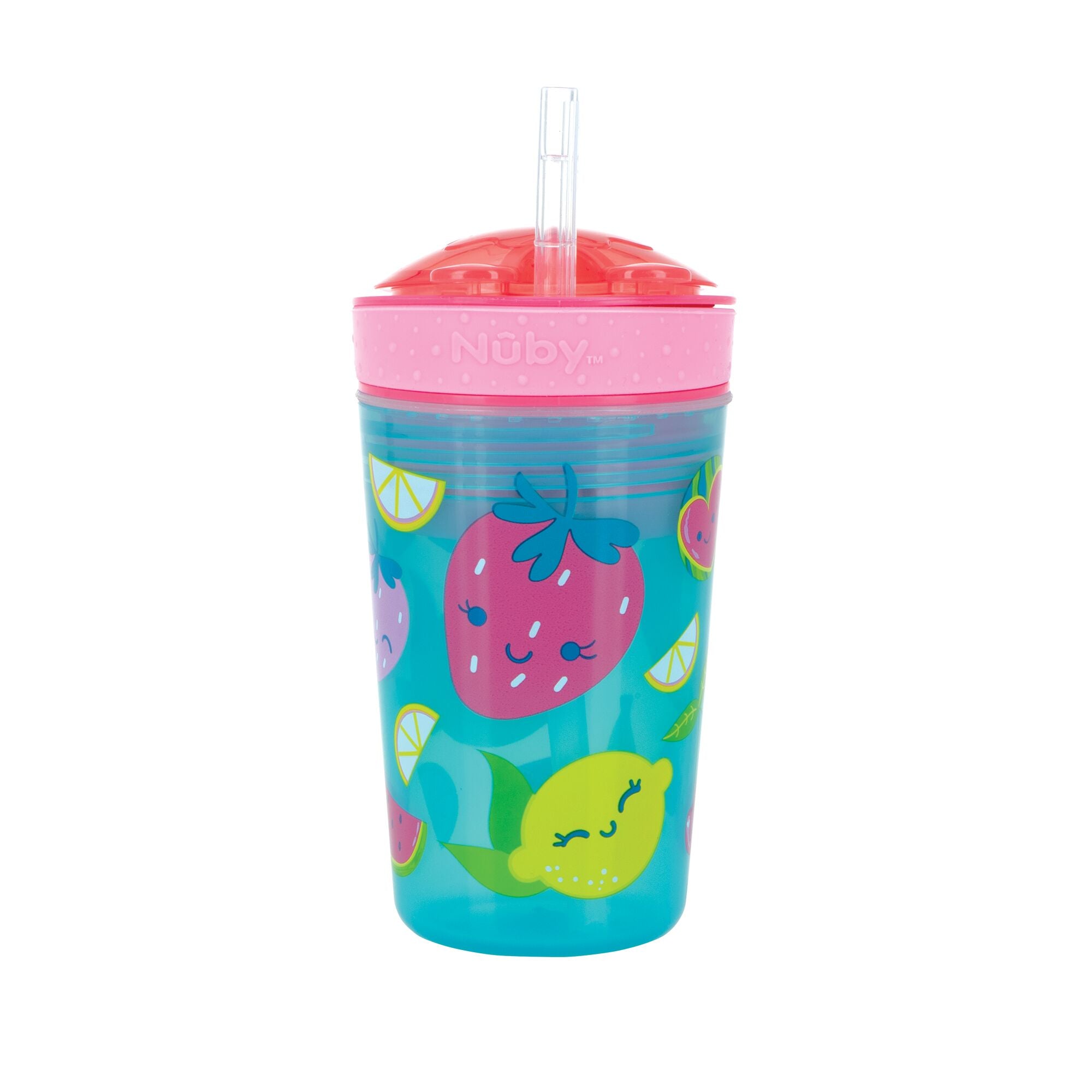A Nuby Snack ’N Sip Cup (2 Pack) | Fruits & Butterflies in blue, featuring a pink lid, a soft silicone straw, and cheerful fruit illustrations such as strawberries, limes, and lemons.