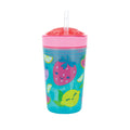 A Nuby Snack ’N Sip Cup (2 Pack) | Fruits & Butterflies in blue, featuring a pink lid, a soft silicone straw, and cheerful fruit illustrations such as strawberries, limes, and lemons.