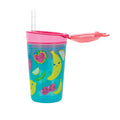 Snack ’N Sip Cup (2 Pack) | Fruits & Butterflies: Blue plastic cup with a pink lid, soft silicone straw, and an open flip-top. Features playful, colorful fruit illustrations—bananas, apples, cherries, and lemons—all smiling brightly.