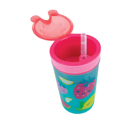 A vibrant Snack ’N Sip Cup (2 Pack) | Fruits & Butterflies designed for children, featuring a blue background decorated with fruit and butterfly illustrations—including strawberries and lemons—a pink flip-top lid, and a soft silicone straw visible with the lid open.