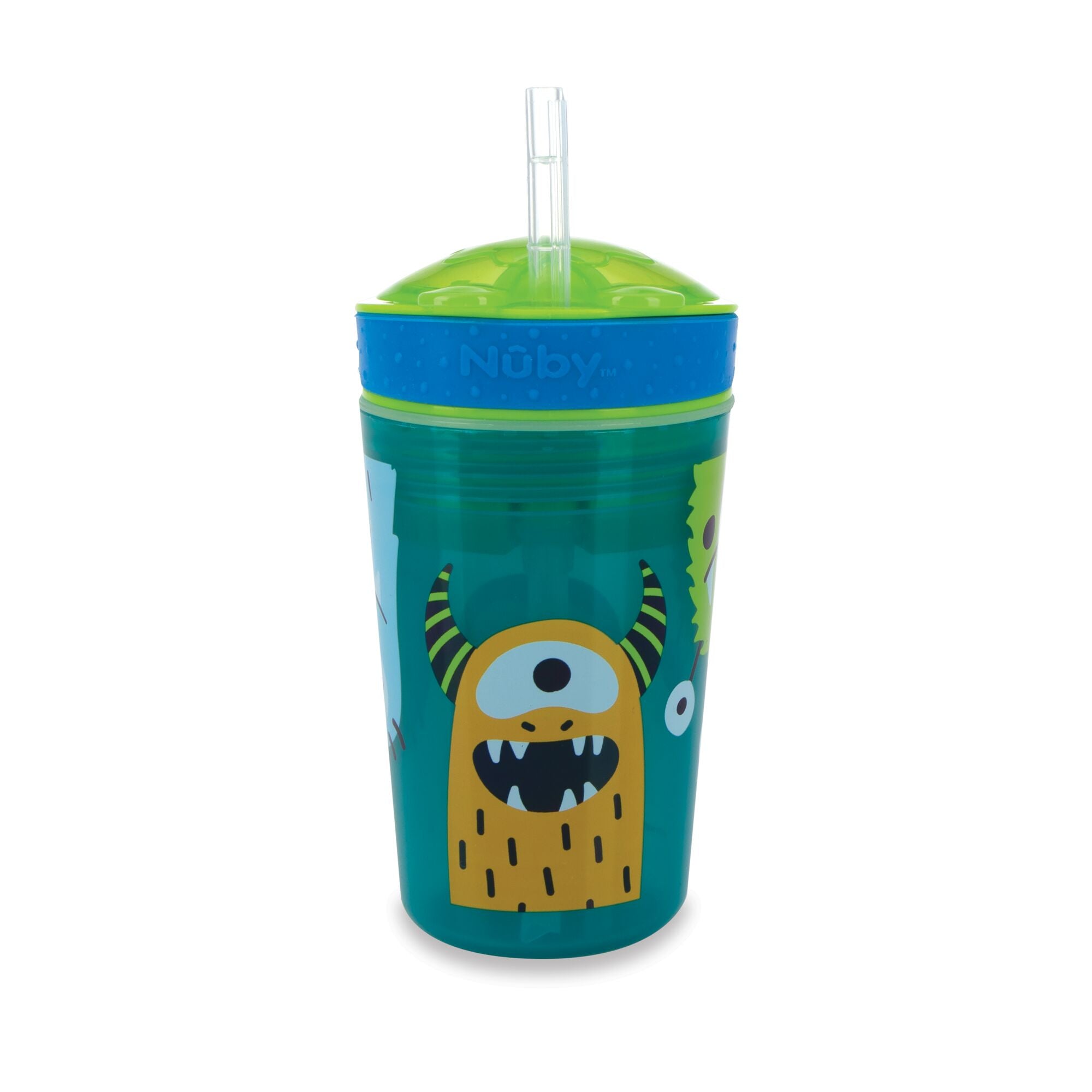 A teal Nuby Snack ’N Sip Cup from the “Transportation & Monsters” 2-pack, featuring a green lid, a clear plastic straw, and a cartoon monster design in yellow, green, and white colors.