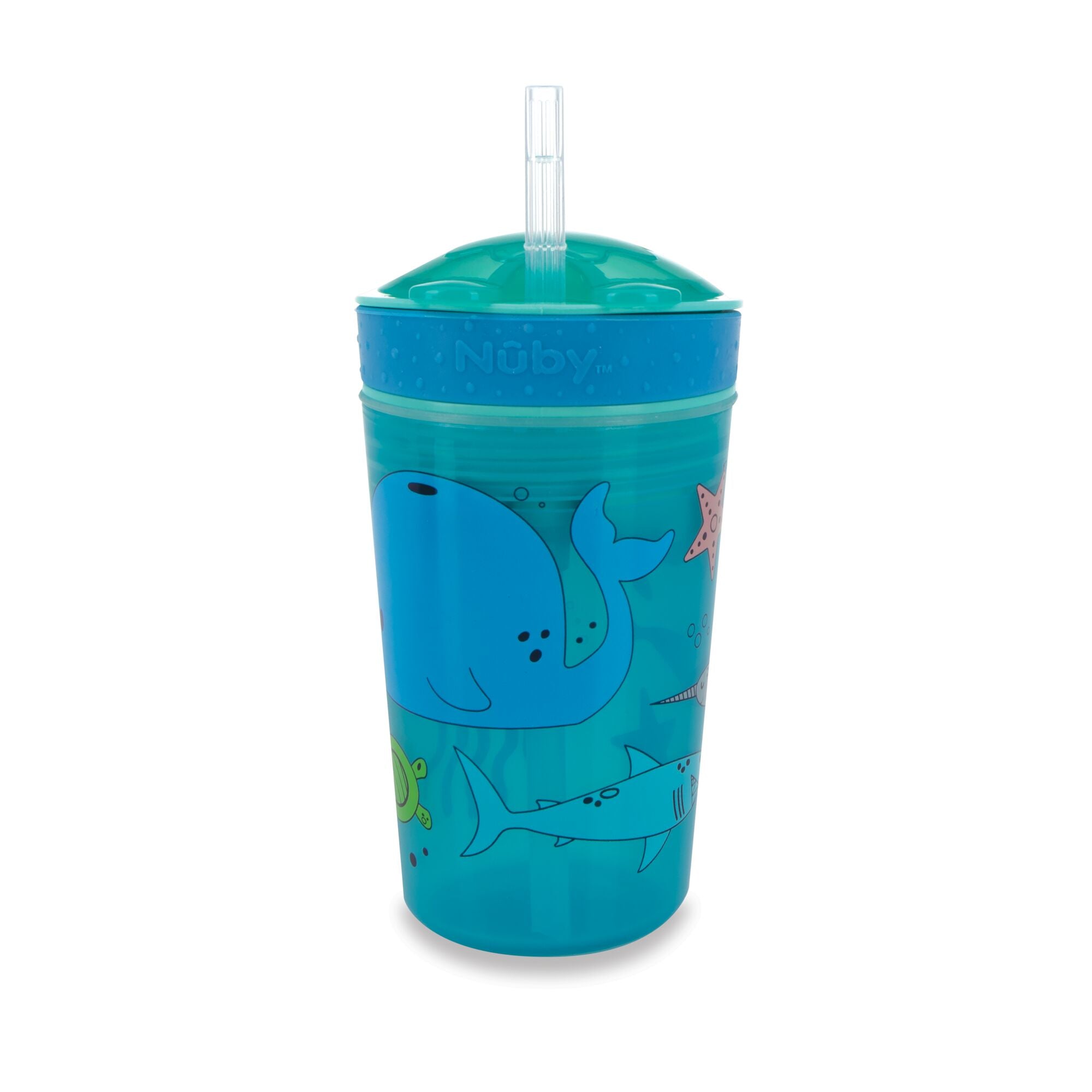 The Snack ’N Sip Cup (2 Pack) | Space & Marine Life includes a blue 2-in-1 cup with a clear soft silicone straw and lid, decorated with illustrated sea animals such as a whale, starfish, and fish.