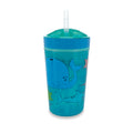 The Snack ’N Sip Cup (2 Pack) | Space & Marine Life includes a blue 2-in-1 cup with a clear soft silicone straw and lid, decorated with illustrated sea animals such as a whale, starfish, and fish.